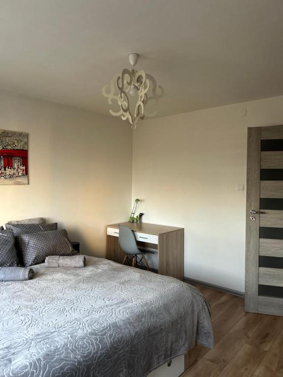 sypialnia z łóżkiem obok biurka i łóżkiem o wymiarach 60 cm w obiekcie Apartament Wieluńska w Warszawie