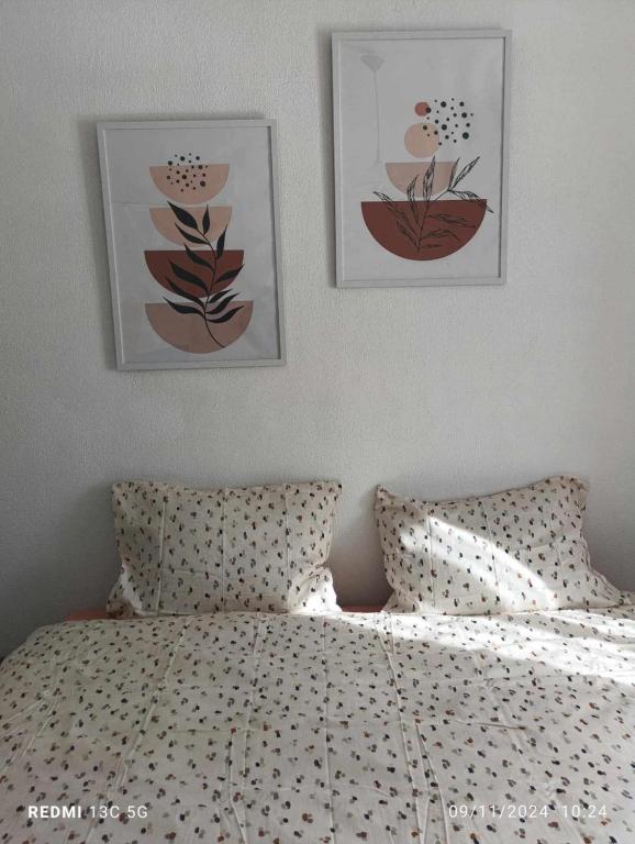 a bedroom with a bed with two pictures on the wall at AGAPI'S HOUSE in Sidirokastro
