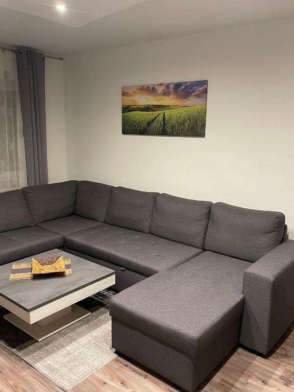 una sala de estar con un sofá y una mesa en Augsburger Apartment, en Augsburg