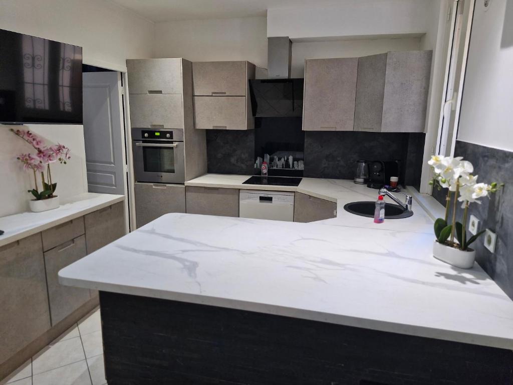 une cuisine avec un grand comptoir blanc dans l'établissement Appartement 4 pièces - gare Nice riquier, à Nice