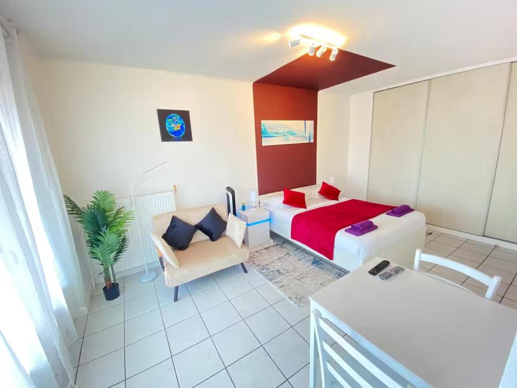 une chambre avec un lit et un canapé dans une pièce dans l'établissement Studio Opale proche Bâle, gare et aéroport, à Saint-Louis