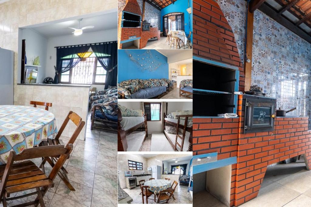 a collage of photos of a house with a brick wall at Casa azul, 2 quadras praia-wifi-garagem -churrasqueira e fogão a lenha - Aceita Caes -Caiçara-Praia Grande in Praia Grande