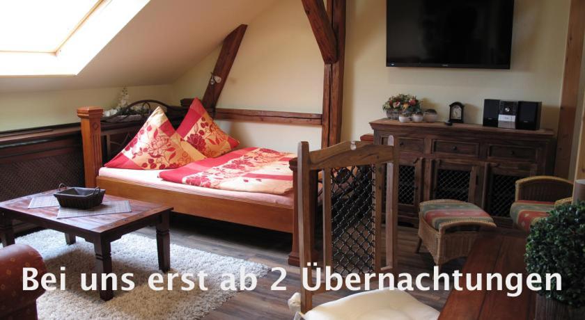 a living room with a couch and a tv at Pension Appartementhaus Central in Nordhausen