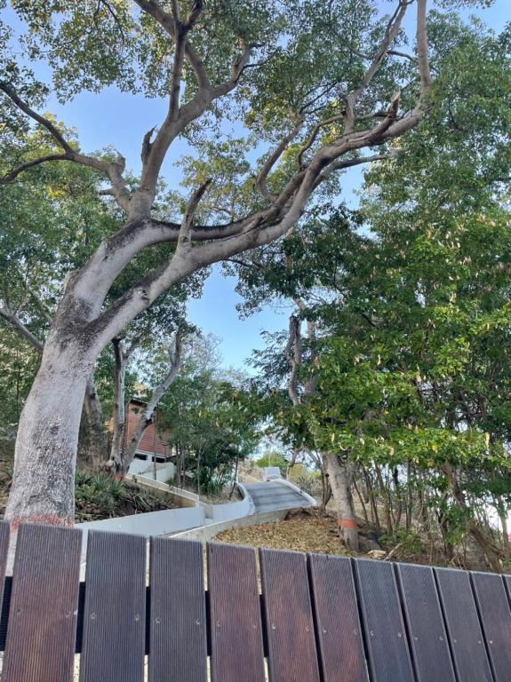 a wooden fence with a tree in the background at KER MARYA Bungalow in Terre-de-Haut