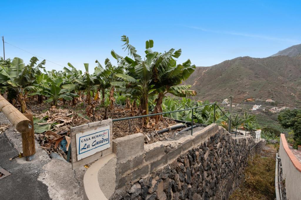 a sign on a wall next to a bunch of banana trees at Casa Rural La Cuadra in Hermigua