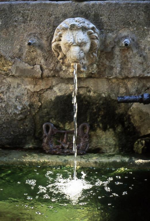 une fontaine d'eau avec une tête de lion qui en sort dans l'établissement Maison Sule, à Malaucène