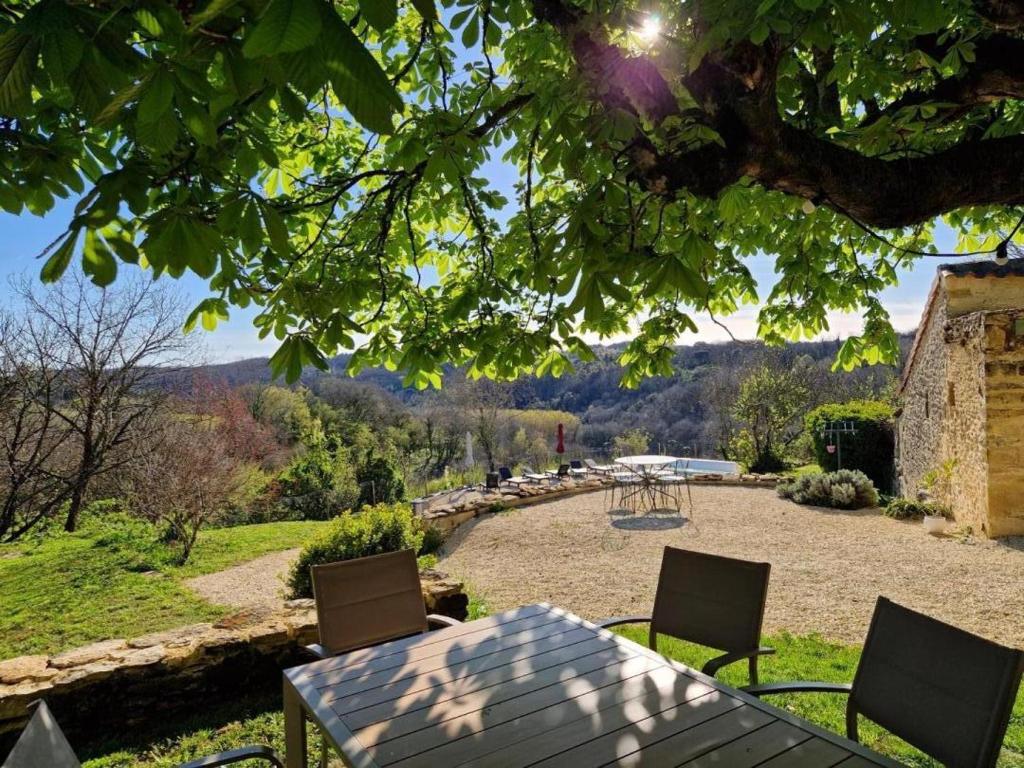 einen Tisch und Stühle unter einem Baum im Garten in der Unterkunft La bichonelle - marronnier pour 2 in Saint-Crépin-et-Carlucet