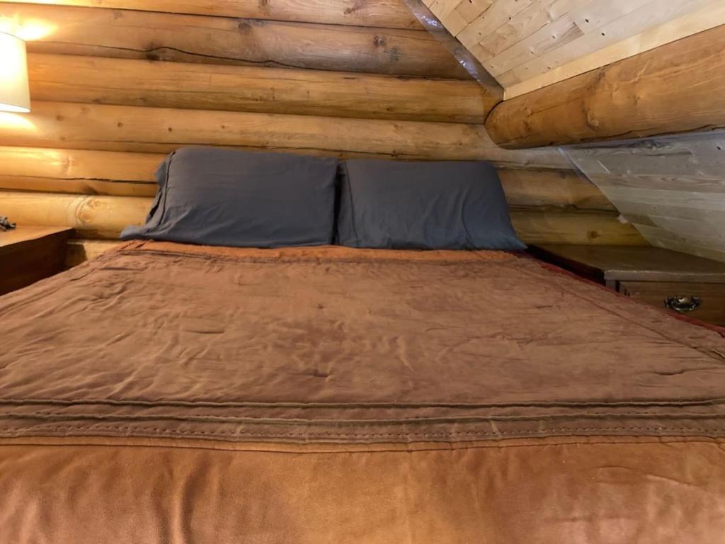 Postel nebo postele na pokoji v ubytování Log lofted rustic cabin in woods