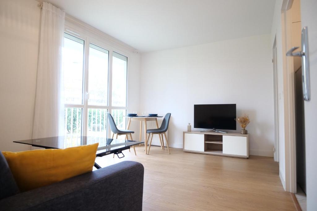 un salon avec un canapé, une table et une télévision dans l'établissement Bel appartement T2 cosy, à Colombes