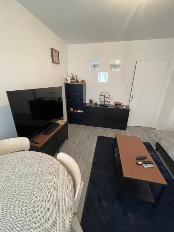 un salon avec un canapé et une table dans l'établissement Appartement situé à Villejuif à 5 minutes du métro ligne 14, à Villejuif