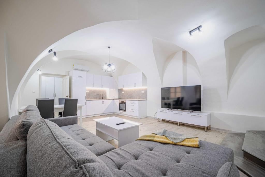 a living room with a couch and a kitchen at St Elizabeth Apartment, Kosice Old Town in Košice