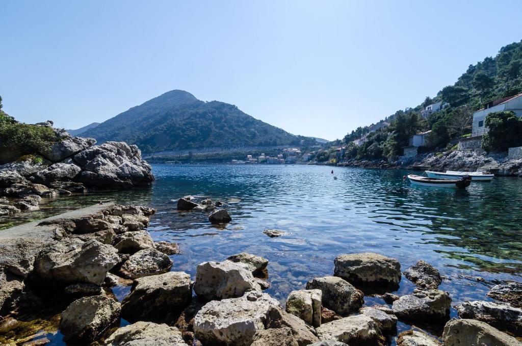 Un río con rocas y un barco en el agua en Guesthouse Sobra, en Sobra