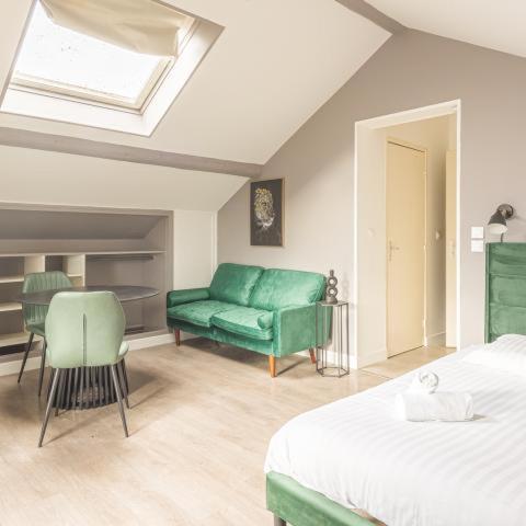 - une chambre avec un canapé vert et 2 chaises dans l'établissement Cœur d'Amazonie - Neuf et rénové, à Châlons-en-Champagne