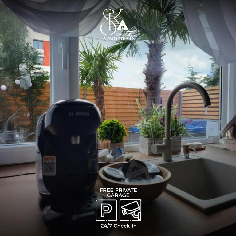 a kitchen sink with a juicer on a counter at Sika Garden Apartment - cazare Arad - self check-in in Arad