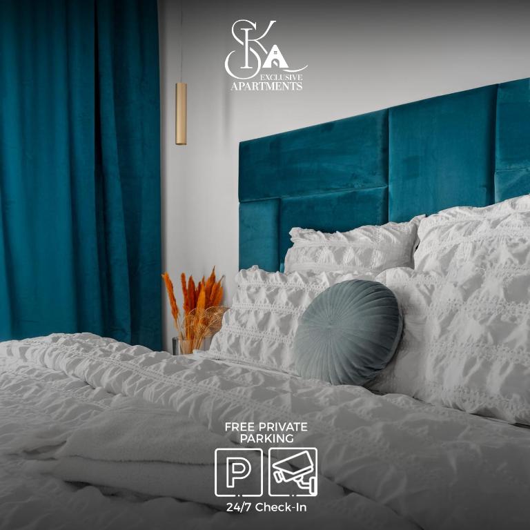 a poster of a bed with white pillows at Sika Splendor Apartment - cazare premium Arad - self check-in in Arad