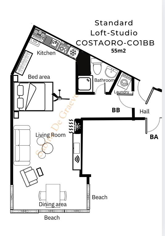 Plan piętra w obiekcie Primera línea playa Apart 1 Bed CostaOro-CO1BA DELUXE Seafront ó Loft-Studio CostaOro-CO1BB STANDARD