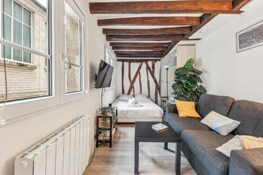 un salon avec un canapé et une télévision dans l'établissement Cosy et charmant studio coeur du Marais, à Paris