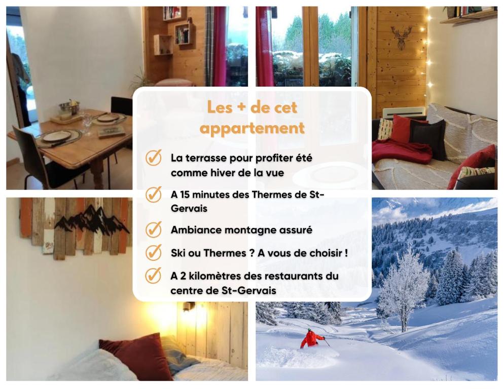 a collage of pictures of a living room with a table at Petit cocon proche Saint Gervais in Saint-Gervais-les-Bains