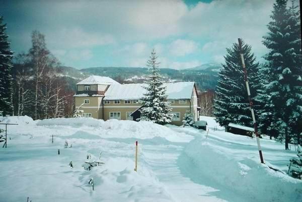 a snow covered yard with a house and trees at Pension Panorama in Tanvald