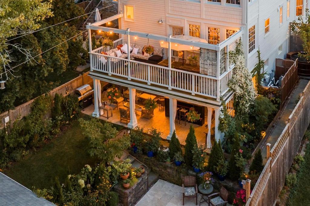 an overhead view of a house with a balcony at Palazzo Hudson - Luxury Pool, Hot Tub, and Sauna in Hudson