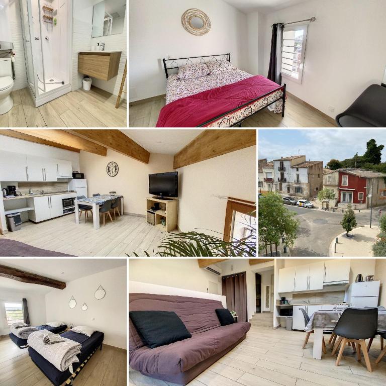 un collage de photos d'une chambre et d'un salon dans l'établissement Saint Michel, T3 centre de Gigean, à Gigean