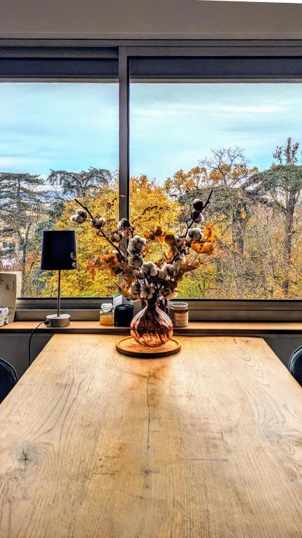 un vase sur une table devant une fenêtre dans l'établissement T3 lumineux avec vue panoramique - Point du Jour, à Lyon