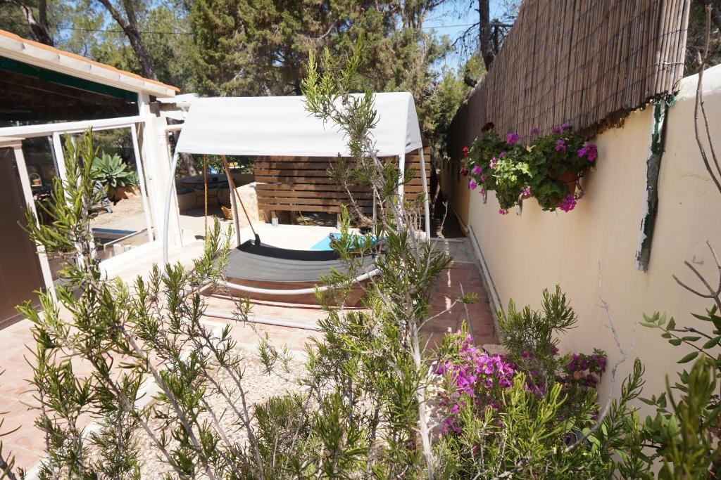 un patio con baldacchino bianco e una piscina di Casa la Paloma a Es Caló de Sant Agustí