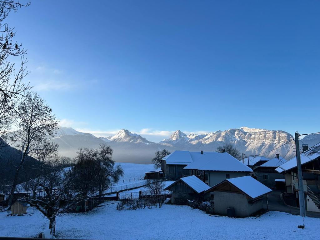ein schneebedecktes Dorf mit Bergen im Hintergrund in der Unterkunft Les Chanterelles Montmin in Plan Motmin