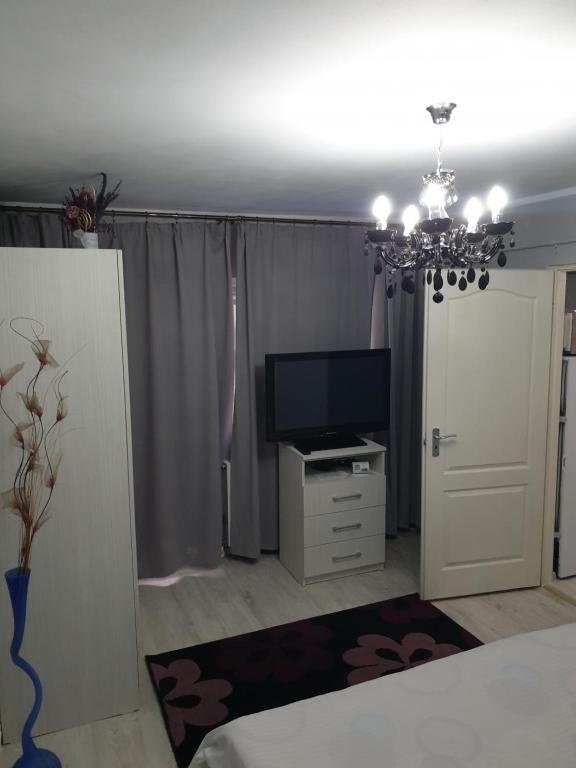 Un dormitorio con una cama, un televisor y una lámpara de araña. en Garsoniera Samoilă, en Petroşani