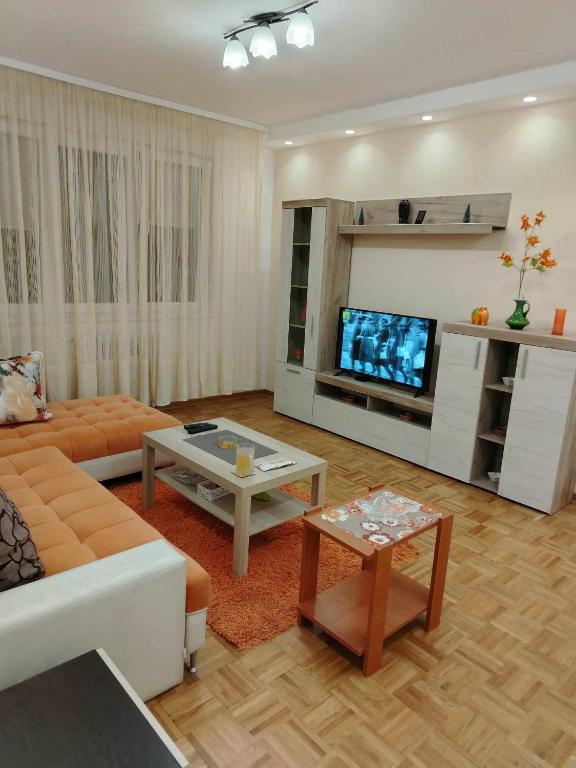 a living room with a couch and a tv at Star Apartment Belgrade 1 in Belgrade
