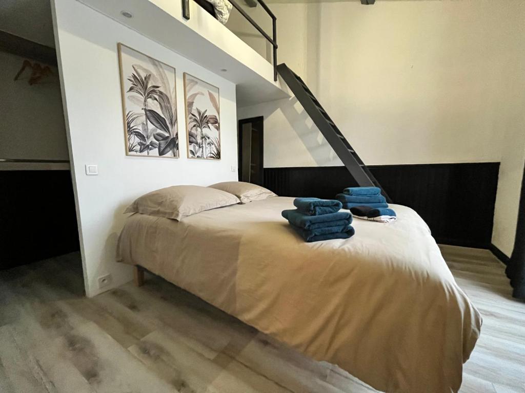 - une chambre avec un lit et des serviettes bleues dans l'établissement La Baudiniere - Maison avec jardin, à Artannes-sur-Indre