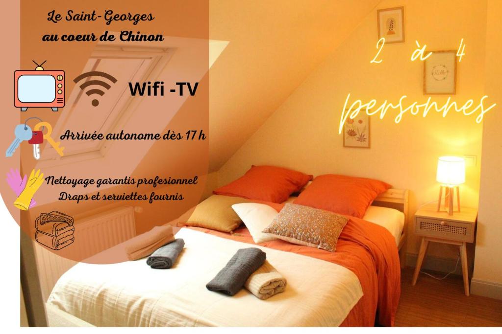 Cartel de un dormitorio con cama y TV en Le Saint-Georges - 2 à 4 pers - Ideal CNPE CHINON, en Chinon