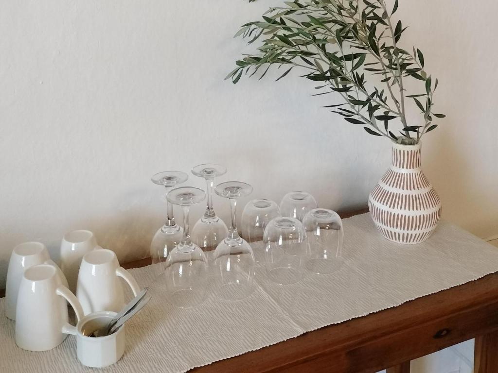 a table with a bunch of wine glasses and a vase at Rusgenot - Richmond, Karoo in Richmond