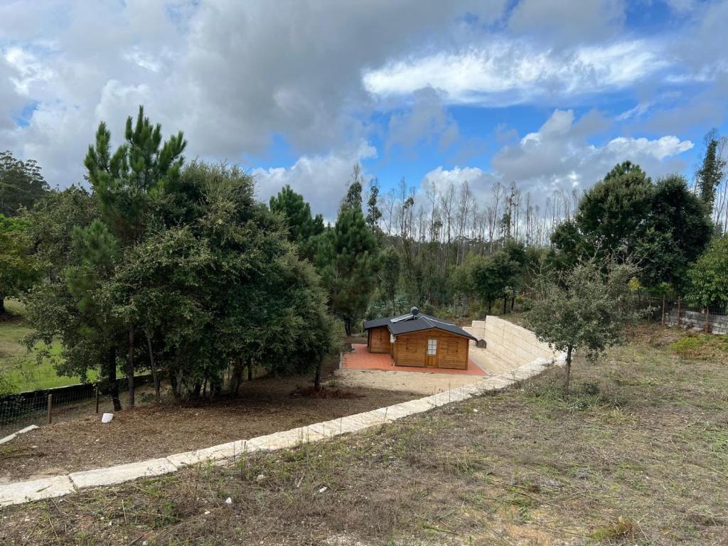 a small wooden cabin in a field with trees at Quinta do Pinheiro in Ourém