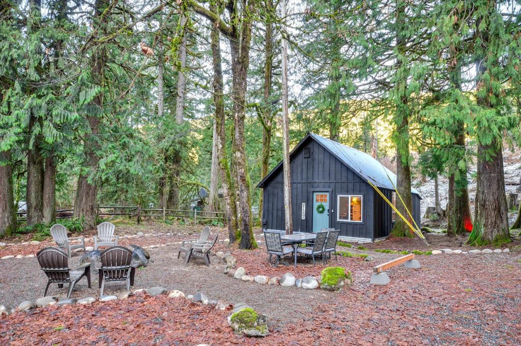 a small black cabin with chairs and a table and a table at Hike, Ski and Explore Rhododendron Forest Retreat! in Rhododendron