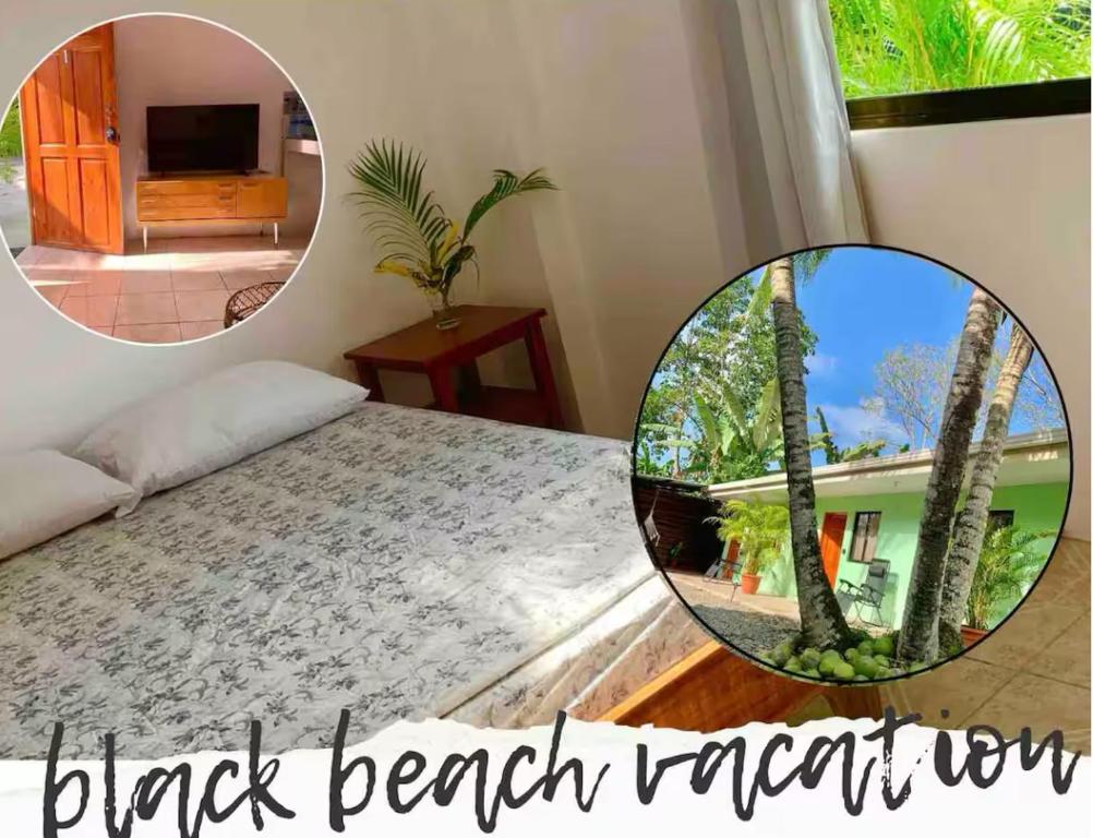 a bedroom with a bed and a window with a tree at Cabinas Pana Alegría 3 in Puerto Viejo