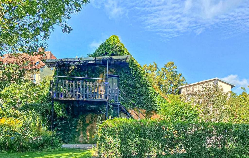 a building covered in ivy with a balcony at Ferienwohnung Waren Müritz in Waren