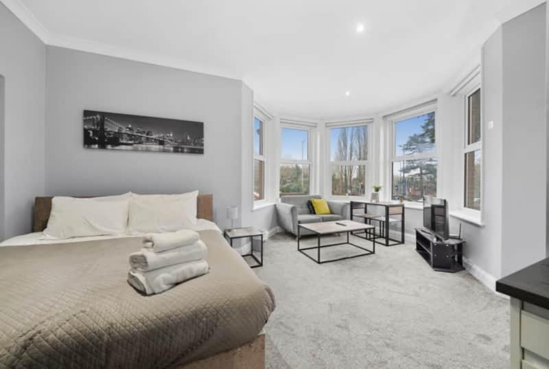 KentBridgeCity Lovely Studio Apartment Free Parking in Maidstone的一间带大床的卧室和一间客厅