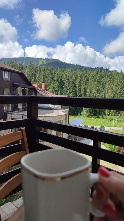 a person holding a cup of coffee on a balcony at Sun Stream Apartment in Pamporovo