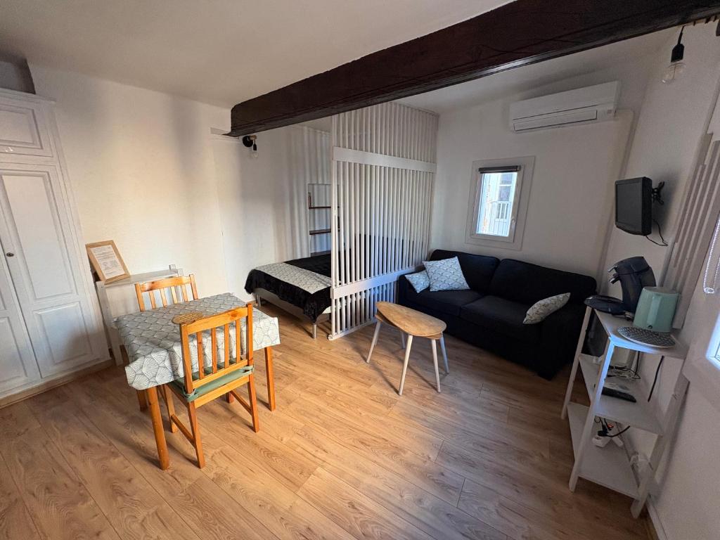 un salon avec un canapé et une table dans l'établissement Studio Cosy hyper centre Aix, à Aix-en-Provence