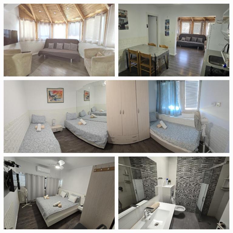 a collage of photos of a living room and a living room at Neviot in Eilat