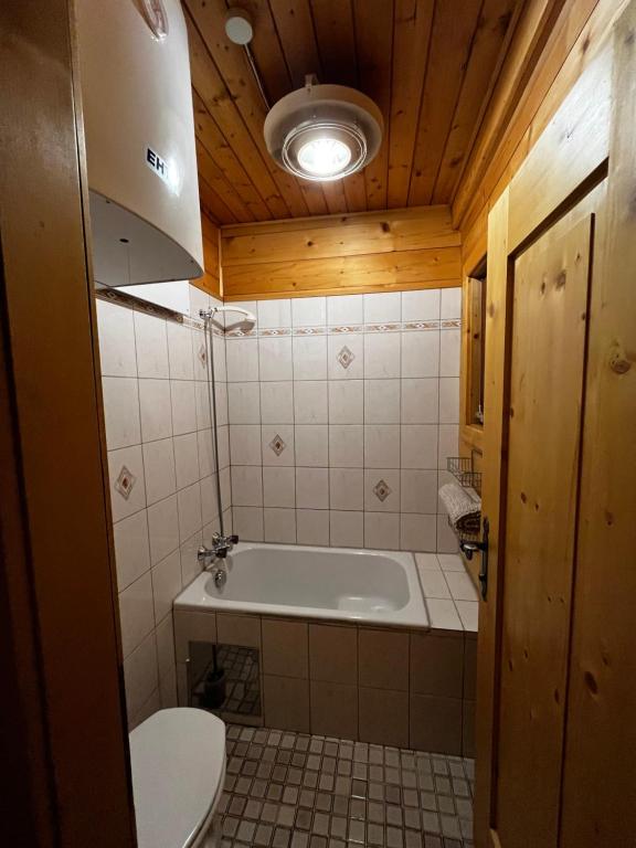 a bathroom with a tub and a toilet and a sink at Walters Hütte in Tulfes