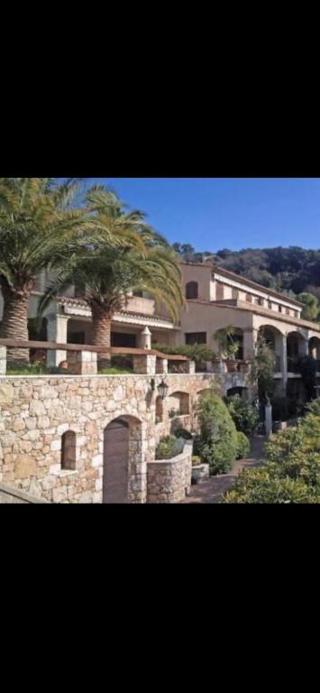 un grand bâtiment avec des palmiers devant dans l'établissement Villa loucisa Nice piscine vue mer 8 chambres 24 couchages, à Nice