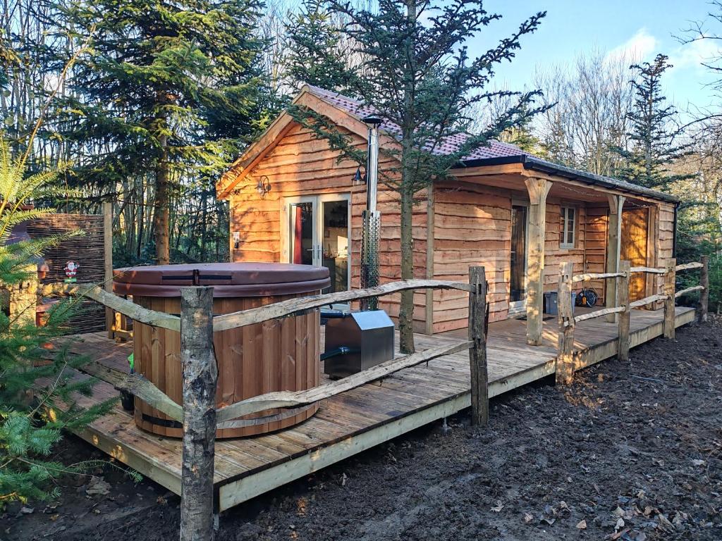 a wooden cabin with a hot tub on a deck at Hayne Barn Estate - Luxury Lodges with private hot-tubs- The studio-loft is without hot-tub in Hythe