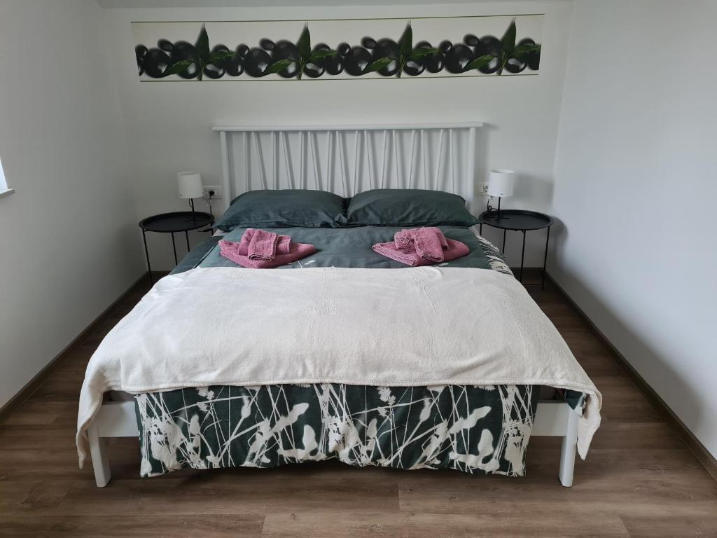 ein Schlafzimmer mit einem Bett mit rosa Kissen darauf in der Unterkunft Maya-K apartment near city center in Ljubljana