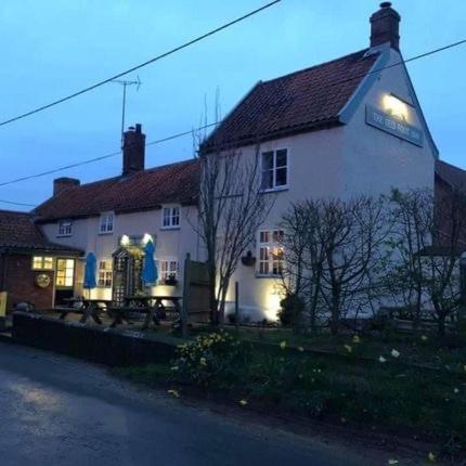 a white building with lights on the side of it at The Eelsfoot inn in Theberton