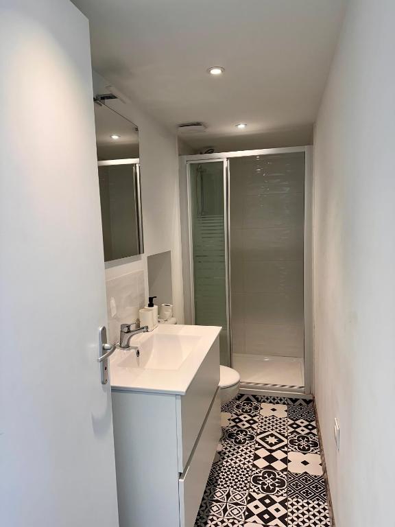 une salle de bain blanche avec un lavabo et une douche dans l'établissement Appartement T1 centre ville Valence, à Valence