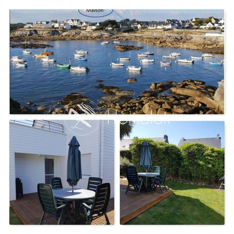 un collage de trois images avec des bateaux dans l'eau dans l'établissement Maisonnette de pêcheur À 200m de la plage, à Ploemeur