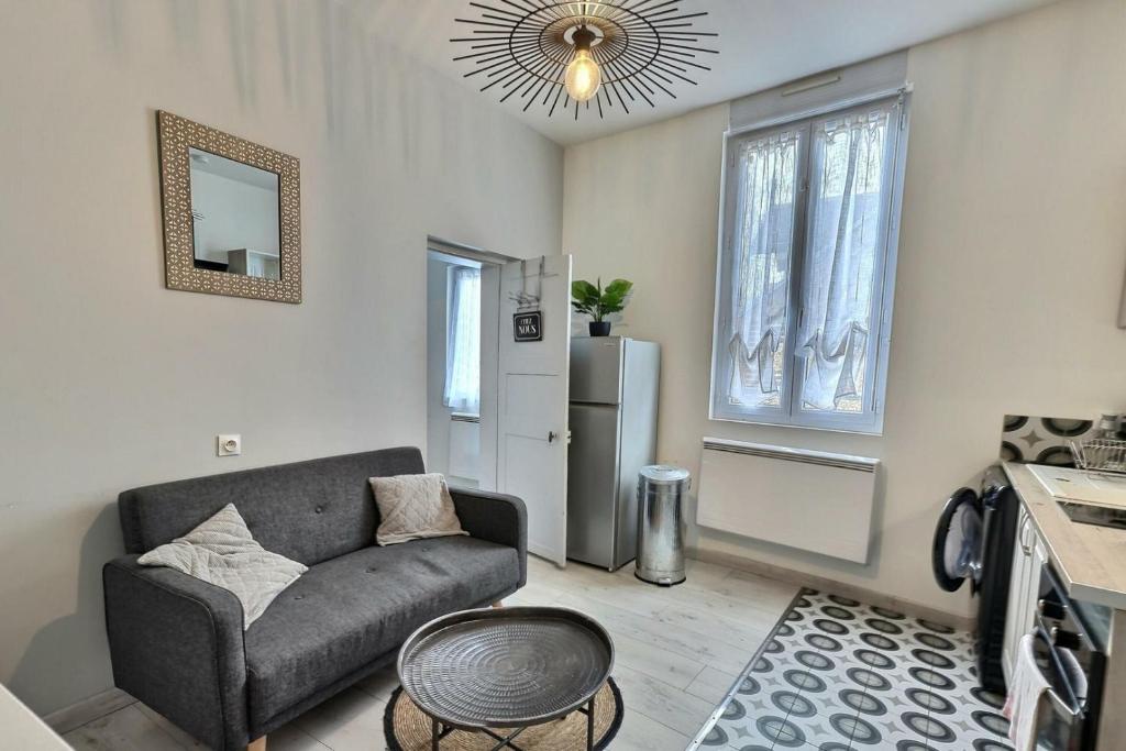 a living room with a couch and a refrigerator at Les Apparts du Pont Vert - lit double - WiFi - tout inclus - 6 in Troyes