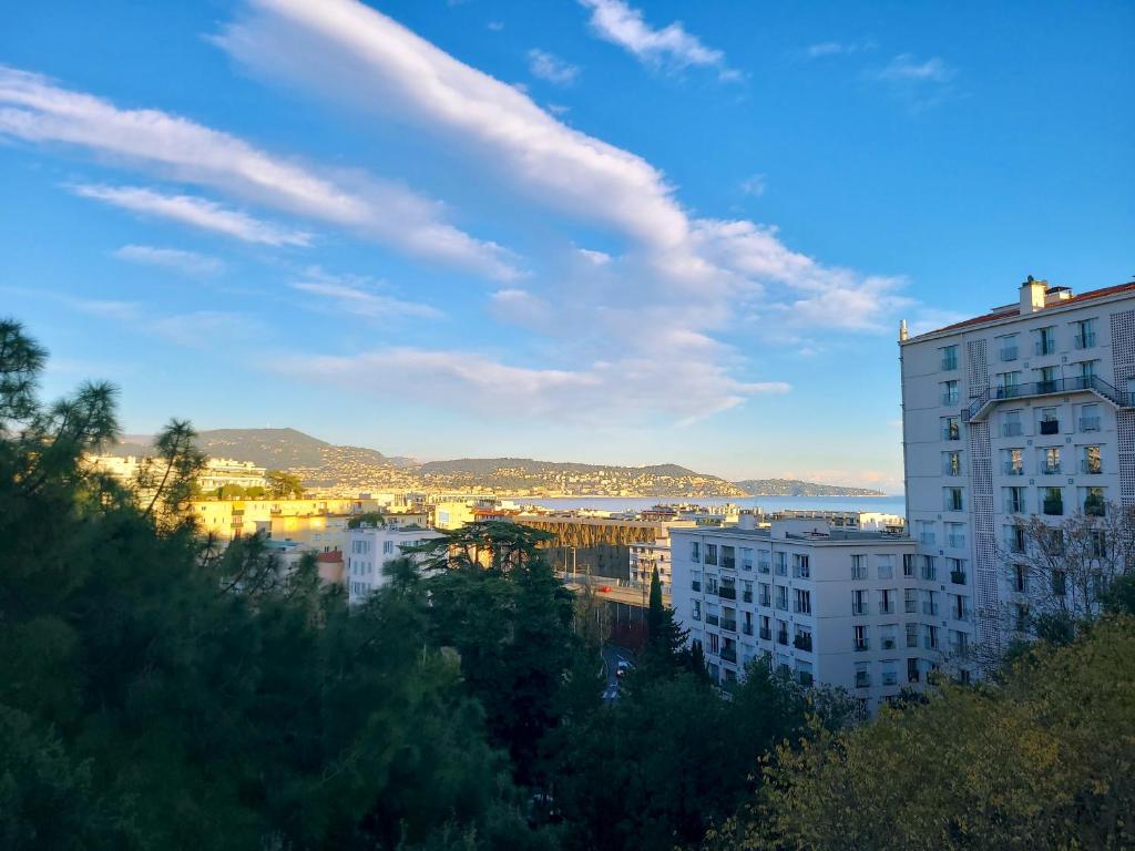 une vue d'une ville avec des bâtiments et des arbres dans l'établissement Appartement à 2 pas de la Promenade des Anglais vue mer 7 avenue de Fabron, à Nice
